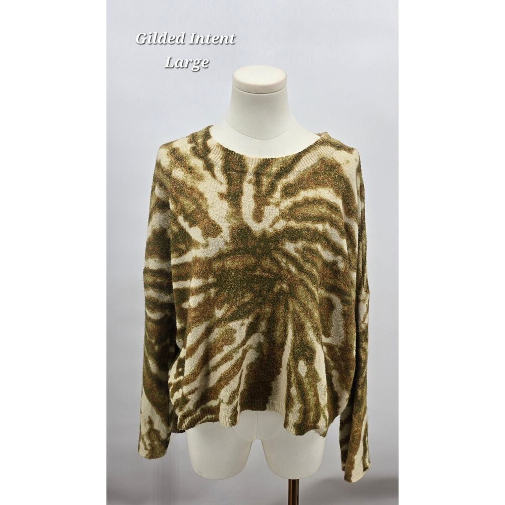 Gilded Intent Abstract Earth Tone Sweater Womens Large‎ Olive Brown Boho Cropped